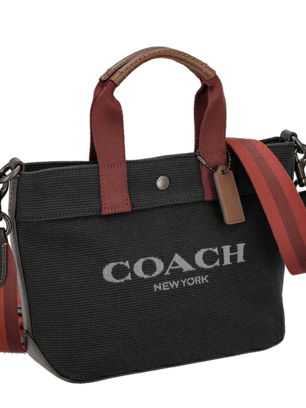 COACH Black Canvas Crossbody Tote with Burgundy Handles and Striped Strap